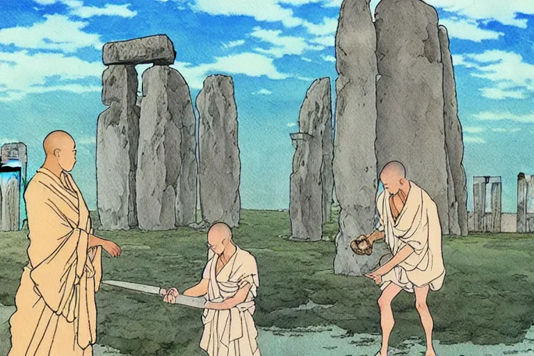 Image similar to a hyperrealist studio ghibli watercolor fantasy concept art. in the foreground is a giant monk in a grey robe lifting a stone. in the background is stonehenge. the scene is underwater on the sea floor. by rebecca guay, michael kaluta, charles vess