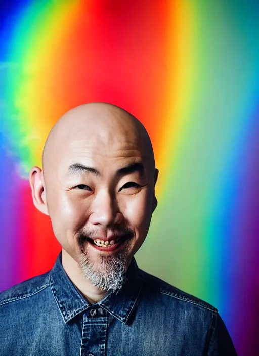 Image similar to japanese man with bald head and beard wearing short denim and leather clothes dancing next to a rainbow, full body portrait, dynamic lighting