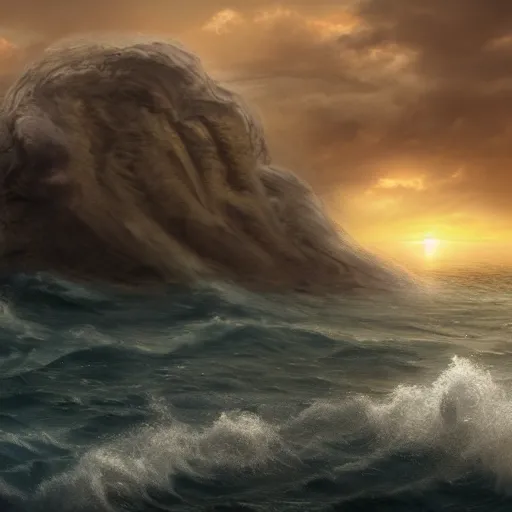 Image similar to a matte painting of a marble, cracking Poseidon riding up from a stormy sea at sunset