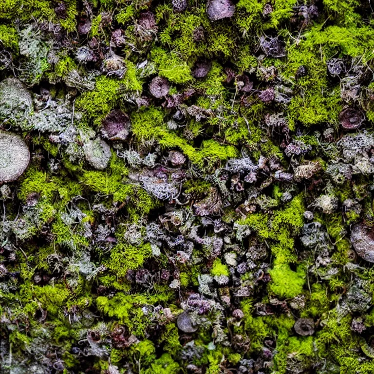 Image similar to a lichens and moss close-up various fungus, mushrooms and plants, Atmospheric phenomenon, artistic photography, muted colors, conceptual, long exposure outside the city