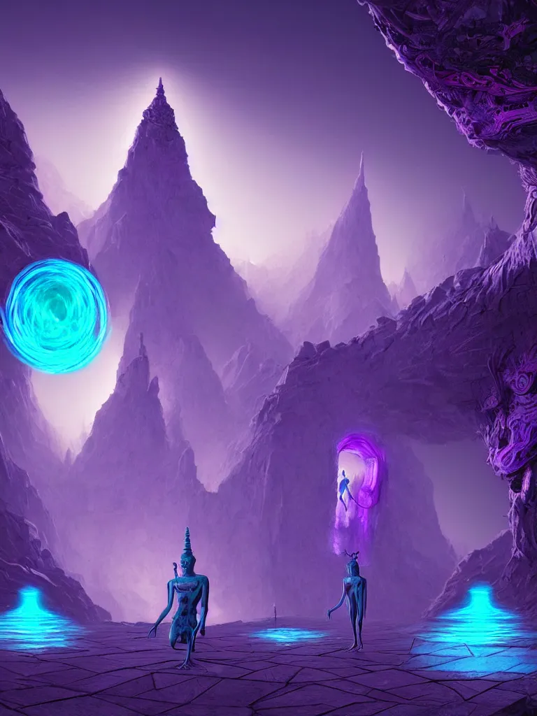 Image similar to entrance to ethereal realm, shiva waiting, rendered in unreal engine, central composition, symmetrical composition, dreamy colorful cyberpunk colors, 6 point perspective, fantasy landscape with anthropomorphic!!! terrain!!! in the styles of igor morski, jim warren, and rob gonsalves, intricate, hyperrealistic, volumetric lighting, neon ambiance, distinct horizon