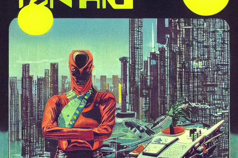 Image similar to 1979 OMNI Magazine Cover of a lizard man at a desk with a large circular window to neo-Tokyo streets behind him. in cyberpunk style by Vincent Di Fate