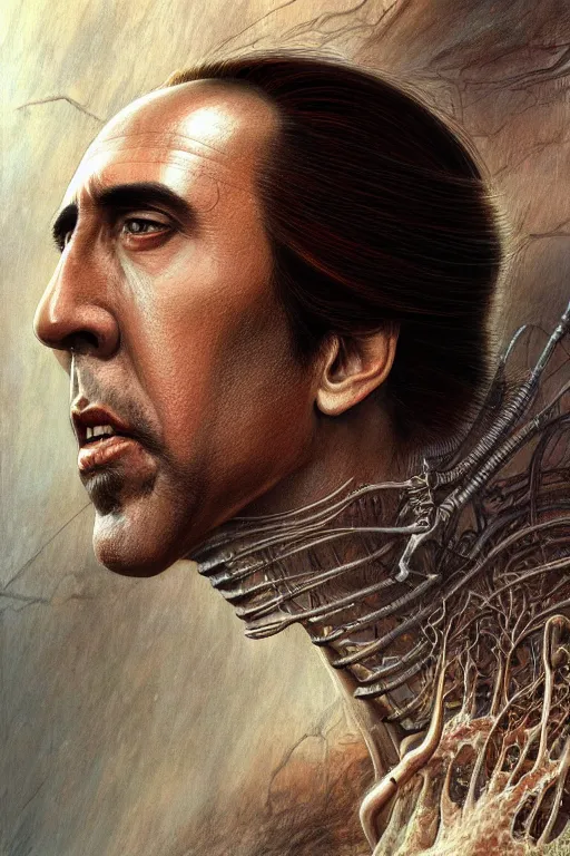 Prompt: very very beautiful longshot photo of chthonic Nicholas Cage, highly detailed, artstation, concept art, smooth, sharp focus, illustration, art by Ayami Kojima, Beksinski, Giger