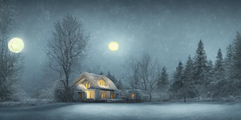 Prompt: a cottage in a snowy landscape, forest in background, full moon, digital art