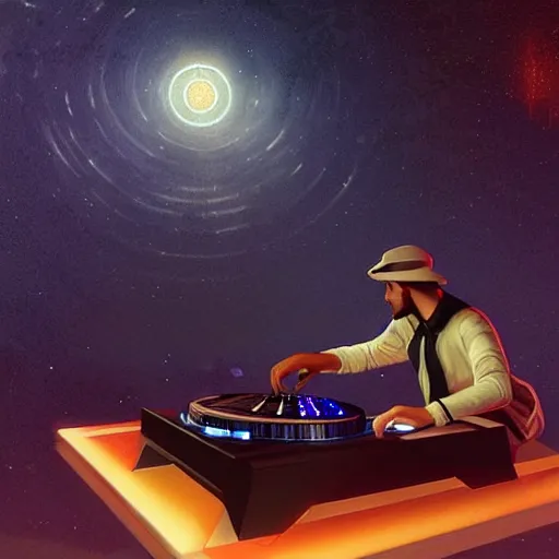 Image similar to A man djing at night under the stars, beautiful, digital art, artstation, hyperrealistic, 4k, unreal engine, octane render, trending on artstation, art by Artgerm and Greg Rutkowski and Alphonse Mucha