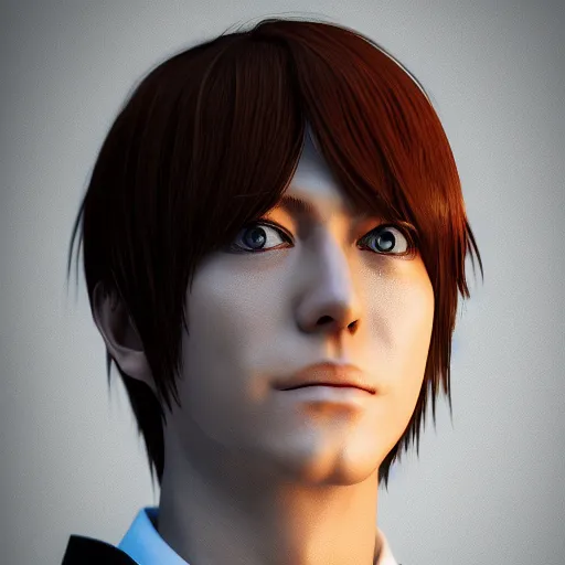 Prompt: a photorealistic 3 d render of light yagami, portrait!!, trending on artstation, 4 k quality, 4 k 3 d render