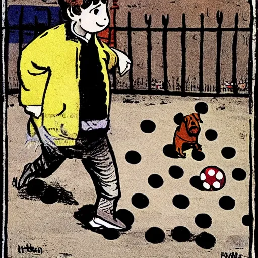 Image similar to illustration of french boy on the streets of paris playing football against a corgi, the dog is wearing a polka dot scarf, comic, 1 9 7 2