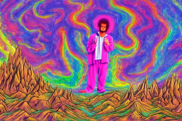 Image similar to google satellite view of a god transubstantiating into a human being, highly detailed, realistic, illustrated by bob ross and lisa frank