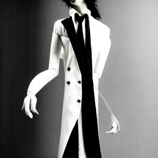 Image similar to A balck and white photgraphic portrait of the character, Desire, a tall, smiling androgyne with black hair and a grey pinstripe suit, studio lighting, medium shot, Life Magazine, 1978, Vertigo Comics, The Sandman written by Neil Gaiman, against a stormy sky