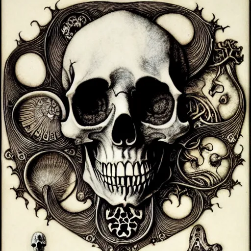 Prompt: memento mori by arthur rackham, detailed, art nouveau, gothic, ornately carved beautiful skull dominant, intricately carved antique bone, art nouveau botanicals, ornamental bone carvings, art forms of nature by ernst haeckel, horizontal symmetry, arthur rackham, ernst haeckel