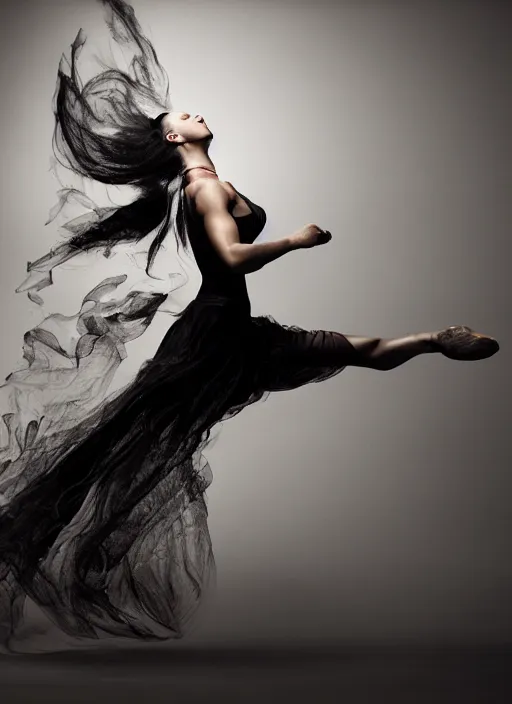 Image similar to a Photorealistic dramatic hyperrealistic render of a glamorous beautiful Female smoke dancer by Ken Brower and Deborah Ory of NYC Dance project,Lois Greenfield,Flowing cloth and smoke,Beautiful dynamic dramatic dark moody lighting,volumetric,shadows,cinematic atmosphere,Octane render,8K