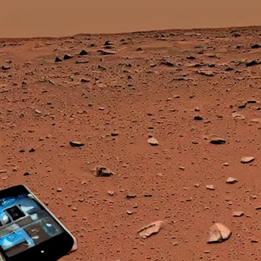 Prompt: an old smartphone is imaged on the surface of mars by a martian rover