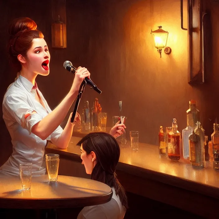 Image similar to a waitress singing on a table in a bar, elegant, real life skin, intricate artwork, high detailed, artstation, concept art, smooth, sharp focus, art by artgerm and greg rutkowski