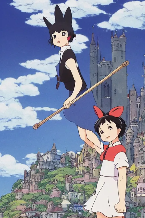 Image similar to Kiki's Delivery Service,A girl on a broomstick flying over the city sky at afternoon ,Medieval Cities ,Eye-catching blue accents,by studio ghibli