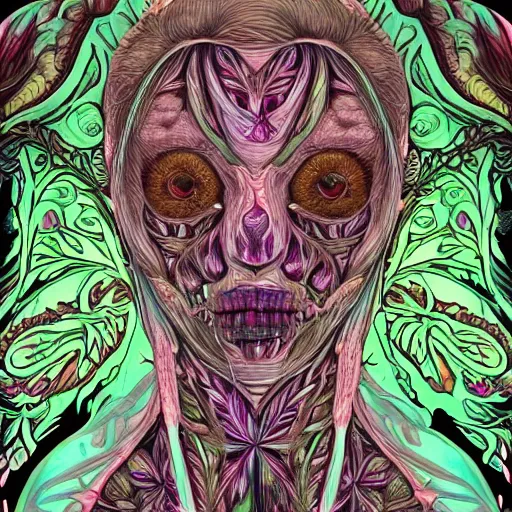 Image similar to a beautiful detailed photo of a centered full body rotten woman corpse morphing into fractal plants and fractal flowers and mushrooms, face muscles, veins, anatomical, intricate, ornate, volumetric light, beautiful lit, beetlejuice