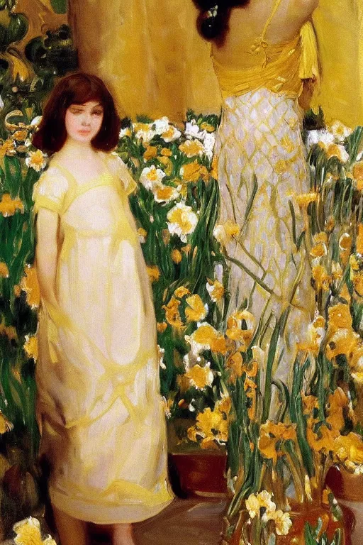 Prompt: girl waer detailed golden arabesque dress with a lot of narcissus in persian pot, painting by john singer sargent