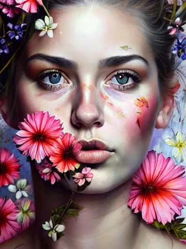 Image similar to portrait of lyndsey scott with a floral background : : painted by artgerm, karol bak, artur bordalo, sandra chevrier : : portrait, character, illustration, hyperrealism, photorealism