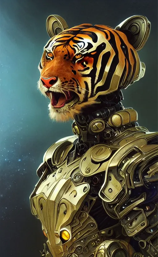 Prompt: a anthropomorphic cyber tiger wearing scifi armor, diffuse lighting, fantasy, intricate, elegant, highly detailed, lifelike, photorealistic, digital painting, artstation, illustration, concept art, smooth, sharp focus, art by john collier and albert aublet and krenz cushart and artem demura and alphonse mucha