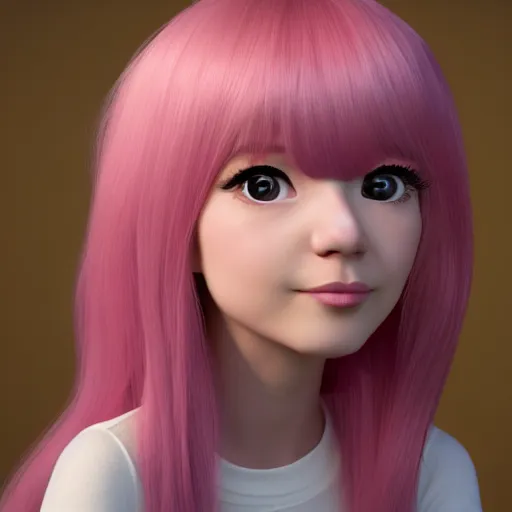 Image similar to A portrait of Nikki from Shining Nikki and Love, a cute 3d cgi toon young woman with long light pink hair, full bangs, hazel eyes, full face, light makeup, pale skin, Chinese heritage, cute outfit, medium shot, mid-shot, hyperdetailed, 8k, trending on artstation, as a Pixar character