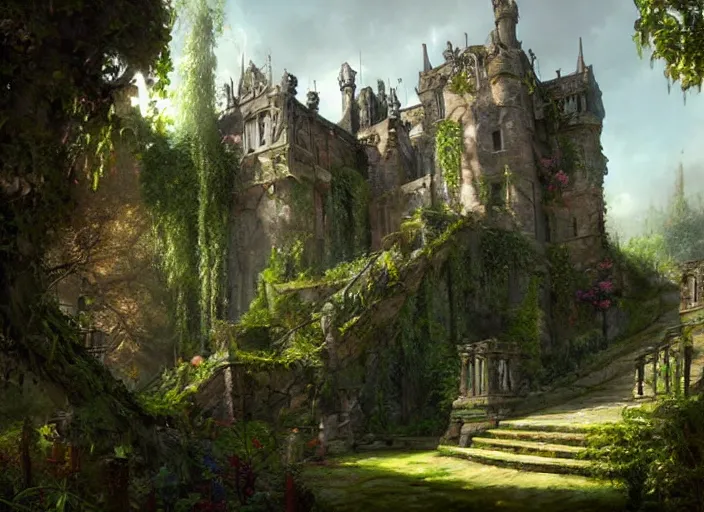 Image similar to a painting of an overgrown castle with stairs leading up to it, a detailed matte painting by edwin deakin, cgsociety, gothic art, matte painting, concept art, matte drawing