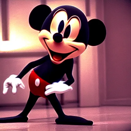 Image similar to mr. bean as mikey mouse. movie still. cinematic lighting.