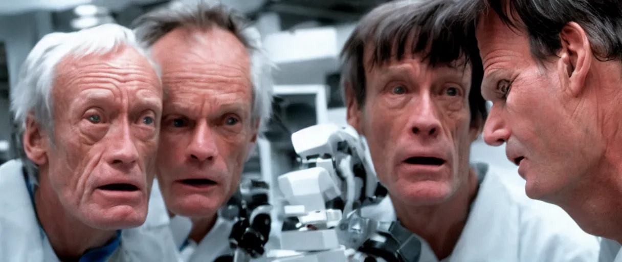 Image similar to filmic extreme close up shot movie still 4 k uhd interior 3 5 mm film color photograph of two scientists lance henriksen and bill paxton arguing and yelling in a lab in antartica
