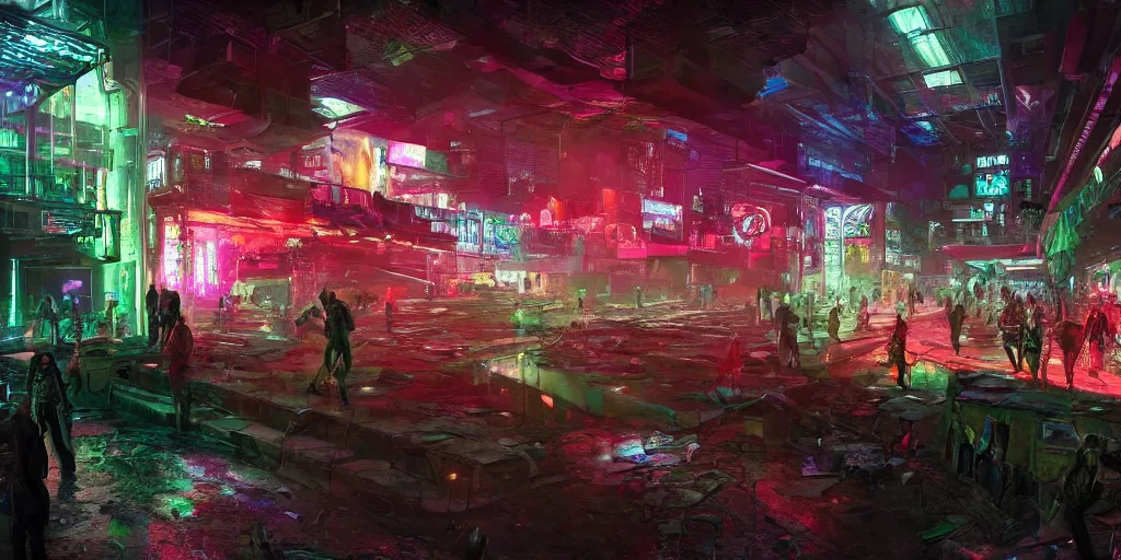 Image similar to a cyberpunk rave in a indoor football stadium, background scene from the old city of babylon, concept art, ultra realistic, 8 k, painting, highly detailed, sci - ci, neon, rain, guns, firearms, robbery, a police car burning