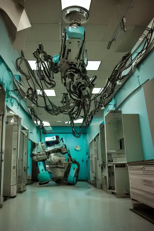 Image similar to interior of frightening and old robotic medical facility, mecha, teal, highly detailed, low light, horror theme