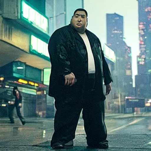 Image similar to very fat very obese half-chinese half-caucasian crime boss, scifi cyberpunk, movie still