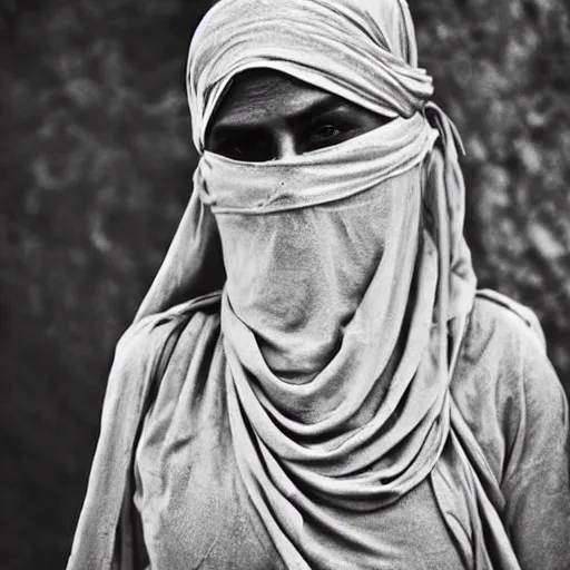 Image similar to beautiful burqa's woman, ride horse in saharan, dress like taliban, sharp eyes, white skin, beautiful tatted hands, riffle on chest, dust, cinematic, dynamic pose, pinterest