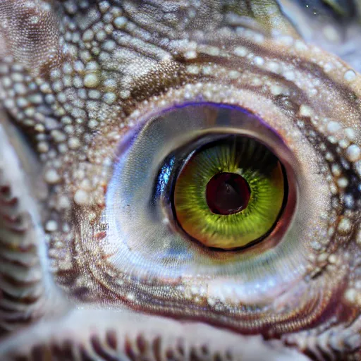 Image similar to fiery whimsical emotional eyes cephalopod, in a photorealistic macro photograph with shallow dof