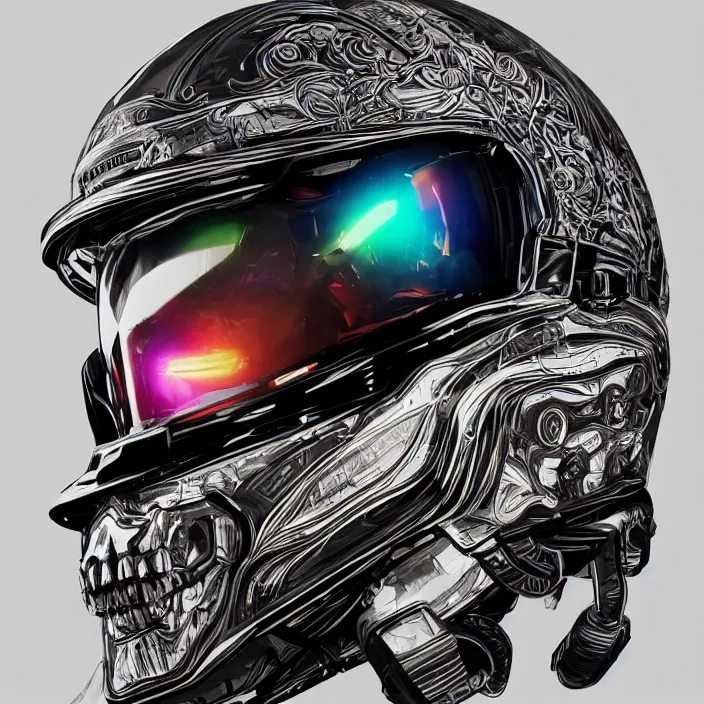 Image similar to portrait of a skull in a racing helmet. intricate abstract. intricate artwork. by Tooth Wu, wlop, beeple, dan mumford. octane render, trending on artstation, greg rutkowski very coherent symmetrical artwork. cinematic, hyper realism, high detail, octane render, 8k, iridescent accents