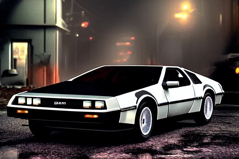 Image similar to photograph of the delorean from back to the future in half life 2, dark room, cinematic, volumetric lighting, hyperdetailed photograph