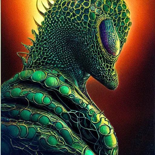 Image similar to simple concept art portrait of an intricately designed predatory alien species. an award winning yoshitaka amano poster. a masterpiece by james gurney. deep color.