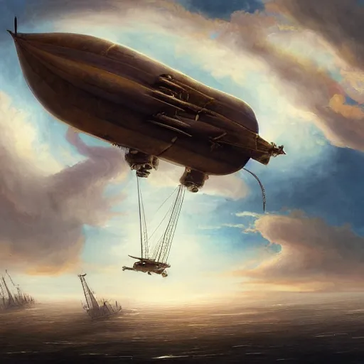 Prompt: a painting of a large steampunk airship fighting another airship in the sky, by charlie bowater, 4 k