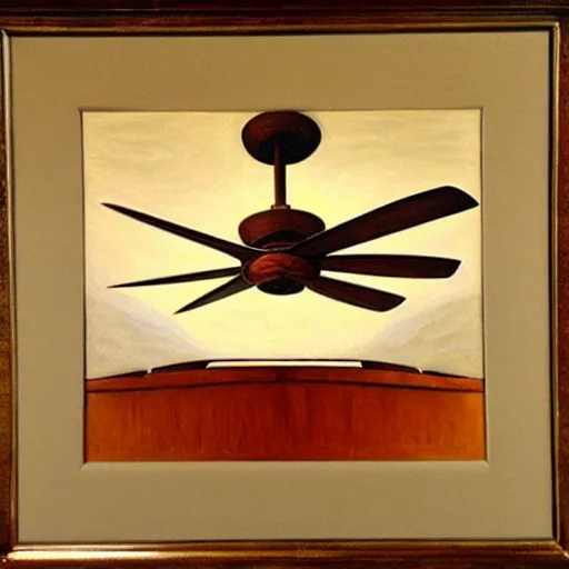 Image similar to an oil painting of a ceiling fan designed by frank lloyd wright