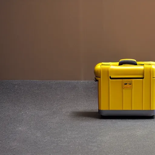 Image similar to yellow coffee mug similar to a rimowa aluminium suitcase, full of steaming coffee