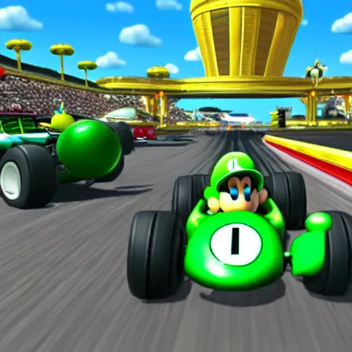 Prompt: Luigi driving a car in Las Vegas, Mario Kart game, gameplay screenshot, wide view