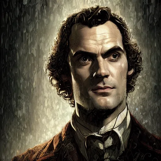 Prompt: portrait closeup henry cavil as sherlock Holmes puzzled as an epic idea, intricate detail, digital painting, old english, sepia, particles floating, whimsical background by marc simonetti, artwork by ross tran + ramond swanland + liam wong