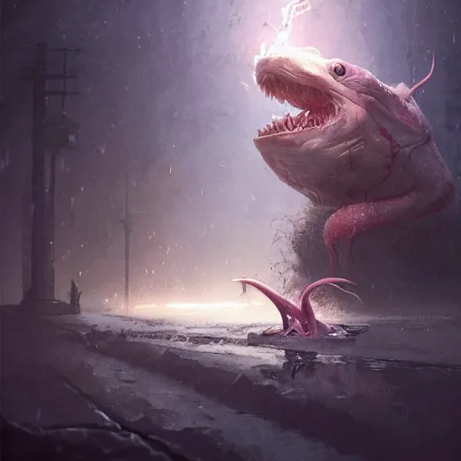 Image similar to shocked Axolotl hit by lightning from the sky in a small puddle, dramatic, dark, fantasy, digital art, hyperrealistic, Greg Rutkowski, Trending on Artstation, highly detailed