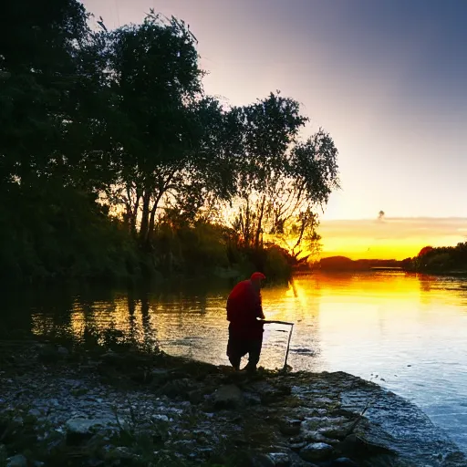 Image similar to fisherman by a river, sunset