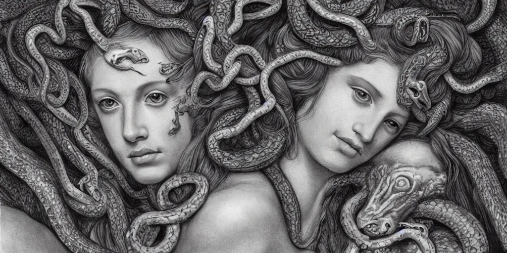 Image similar to realistic portrait of medusa with her snakes, golden, delicate, hyper realism, 1 4 5 0, ink, ultra realistic, 8 k