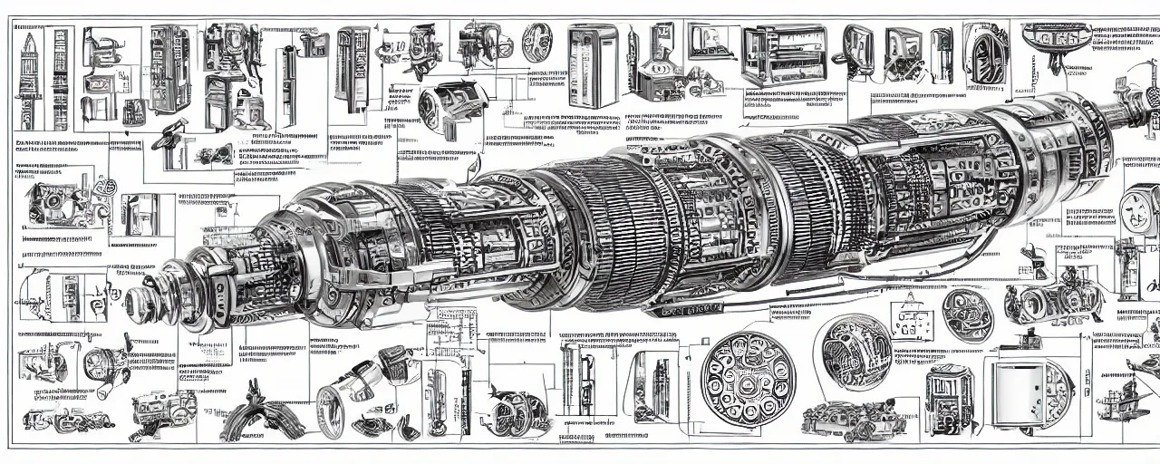 Image similar to a full page schematic diagram illustration of a timemachine, ultra detailed, 4 k, intricate, encyclopedia illustration, fine inking lines