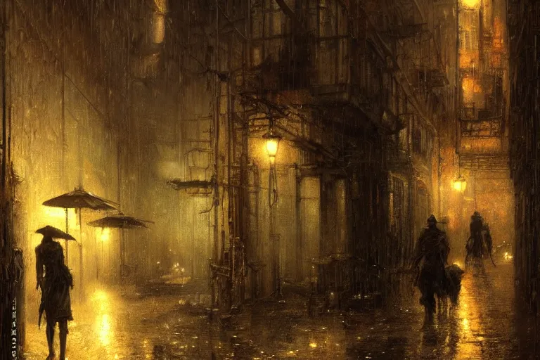 Prompt: An alleyway at night during rain, moody scene, highly detailed, intricate, sharp details, dystopian mood, 1950 scene by gaston bussiere, craig mullins, somber lighting, drawn by Giacomo Burattini, inspired by graphic novel cover art