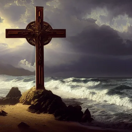 Image similar to a highly detailed matte painting of a large cross standing on the beach as a storm comes in with the tide, epic fantasy, god rays, rocky beach, ultrawide lense, aerial photography, unreal engine, exquisite detail, 8 k, art by greg rutkowski and alphonse mucha