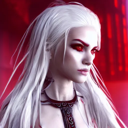 Image similar to a highly detailed portrait of a humanoid demon girl with white hair, red horns, in white clothes, artstation, deviantart, professional, unreal engine 5, photorealistic