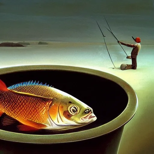 Image similar to a fish on the top of a pile of fish, inside a cooking pot, side view, by vladimir kush, dystopian aer, rococo