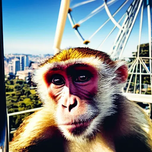 Prompt: A high-quality photo of a monkey taking a selfie on a ferris wheel on a sunny day