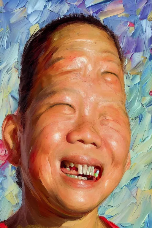 Image similar to palette knife oil painting portrait of jiahao jaja zhang is a podgy, ever - smiling follower. extreme detail, any racial background, artstation trending, artgerm, deviant art, octane, substance, art history 8 k