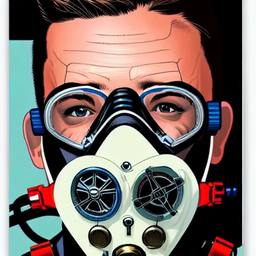 Image similar to portrait of a male diver with a oxygen mask intricate details mask in side profile by MARVEL comics and Sandra Chevrier